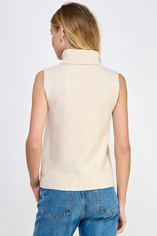 Beige Sleeveless Turtleneck Sweater