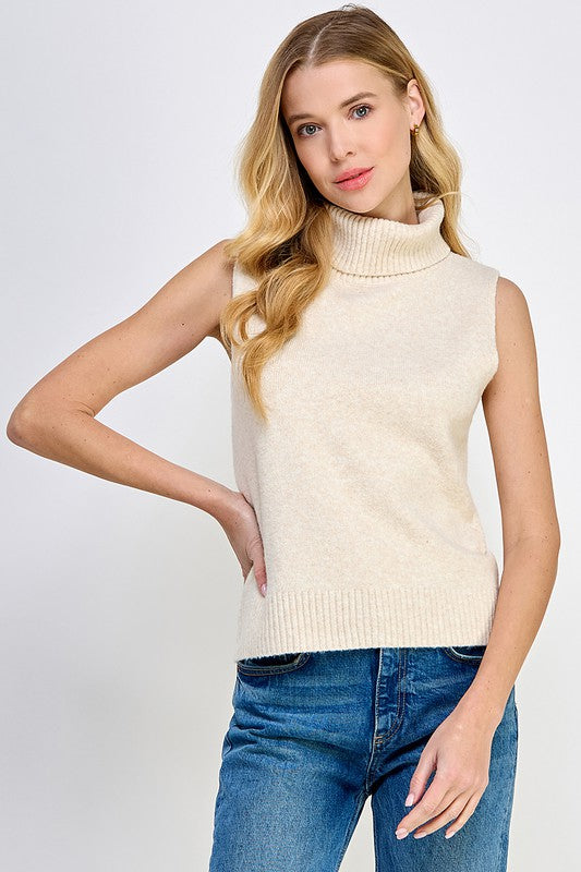Beige Sleeveless Turtleneck Sweater