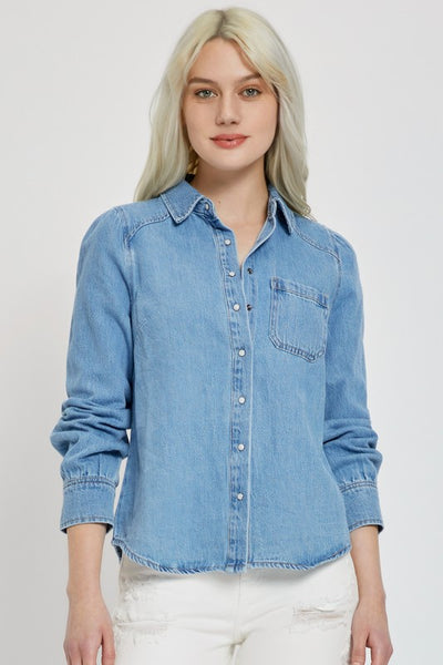 Denim Shirred Sleeve Shirt