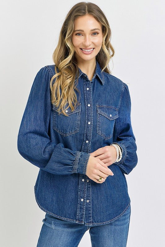 Denim Shirred Sleeve Shirt