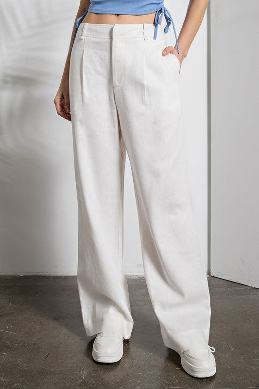 White Linen Pintuck Detail Wide Leg Pant - WOMEN Pants